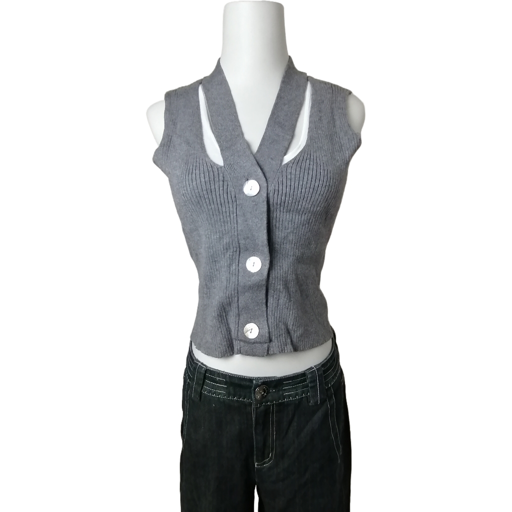 Grey Knit Sleeveless Ribbed Top